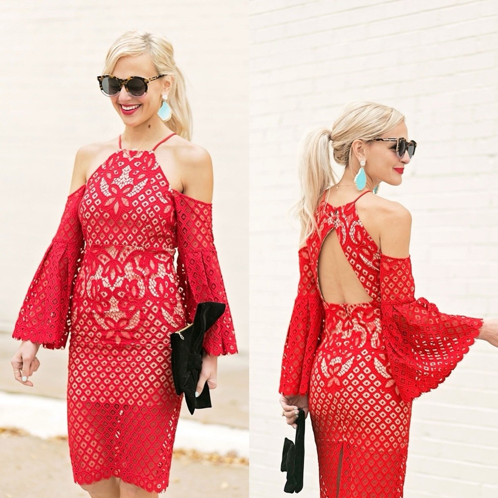 🆕(NWT) BARDOT Mila Lace Off-The-Shoulder Mini/Midi Dress in Vivid Red. US 8 /MD